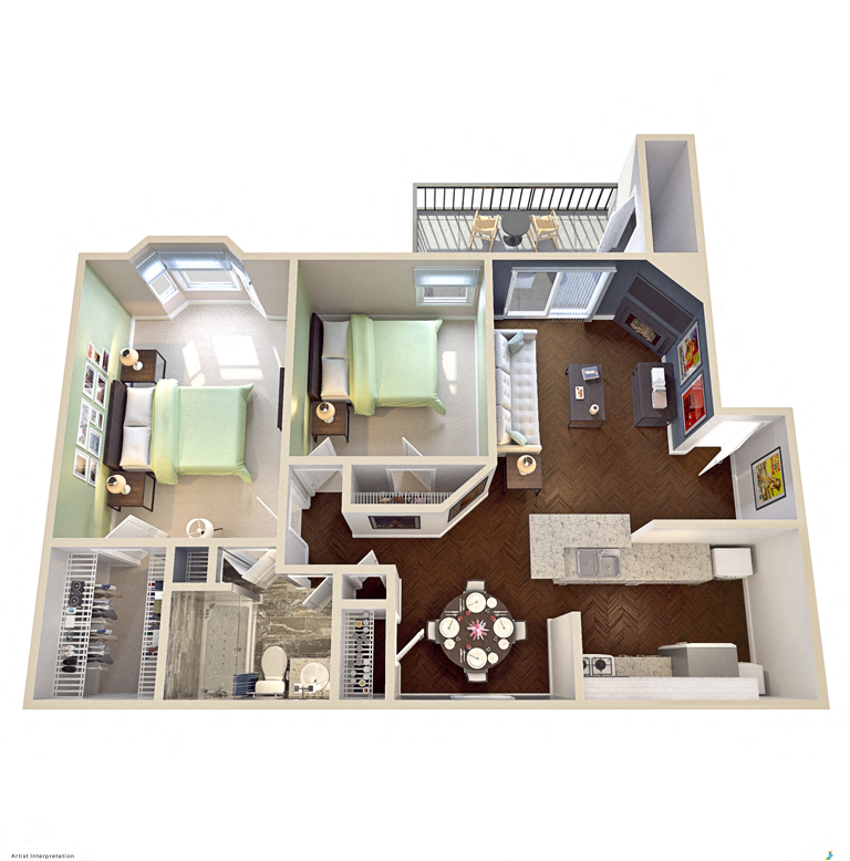 Floor plan for 2 beds, 1 bath, 873 sqft